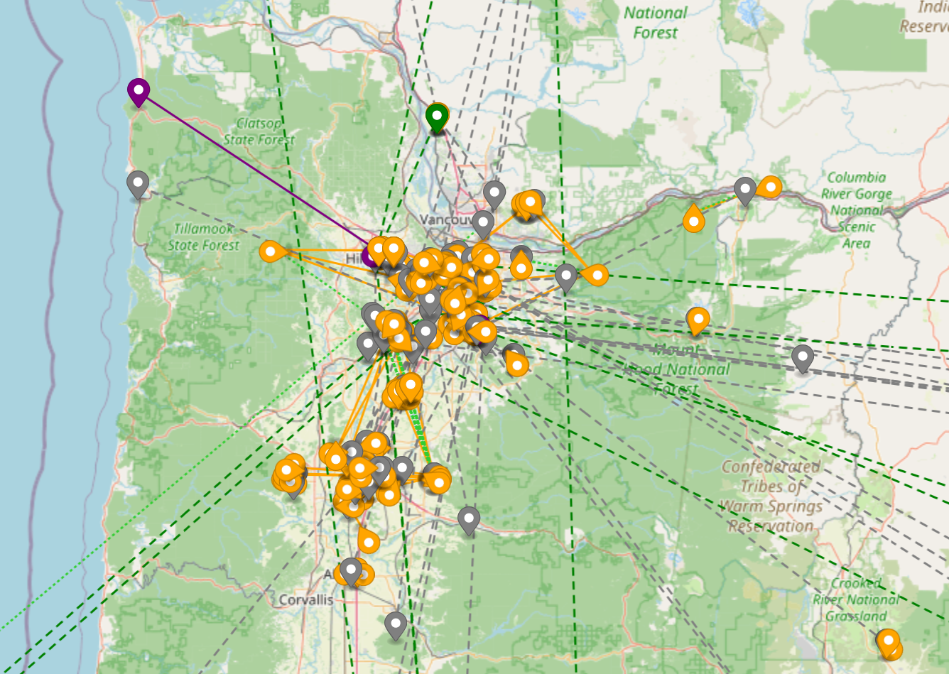 AREDN world mesh map centered on Willamette Valley